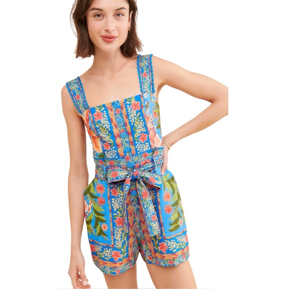 FARM Rio Pants - NWT Farm Rio Stitched Garden Blue Shorts Romper Blue Floral One Piece Small